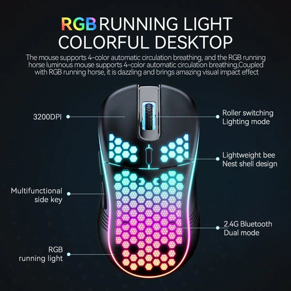 ماوس ألعاب كمبيوتر لاسلكي SA-1 ثنائي الوضع Honeycomb Shell RGB بتقنية البلوتوث